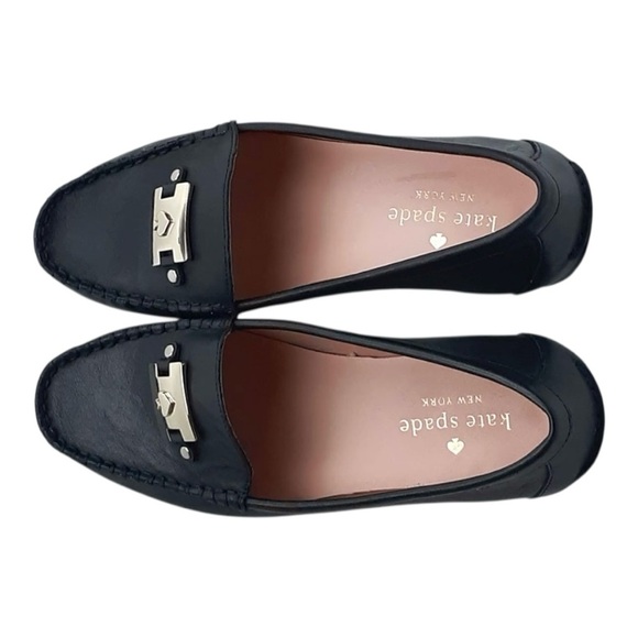 kate spade Shoes - NWOT! Kate Spade Carmen Black Leather Loafers w/ Gold Logo Plate. Size 6.5.